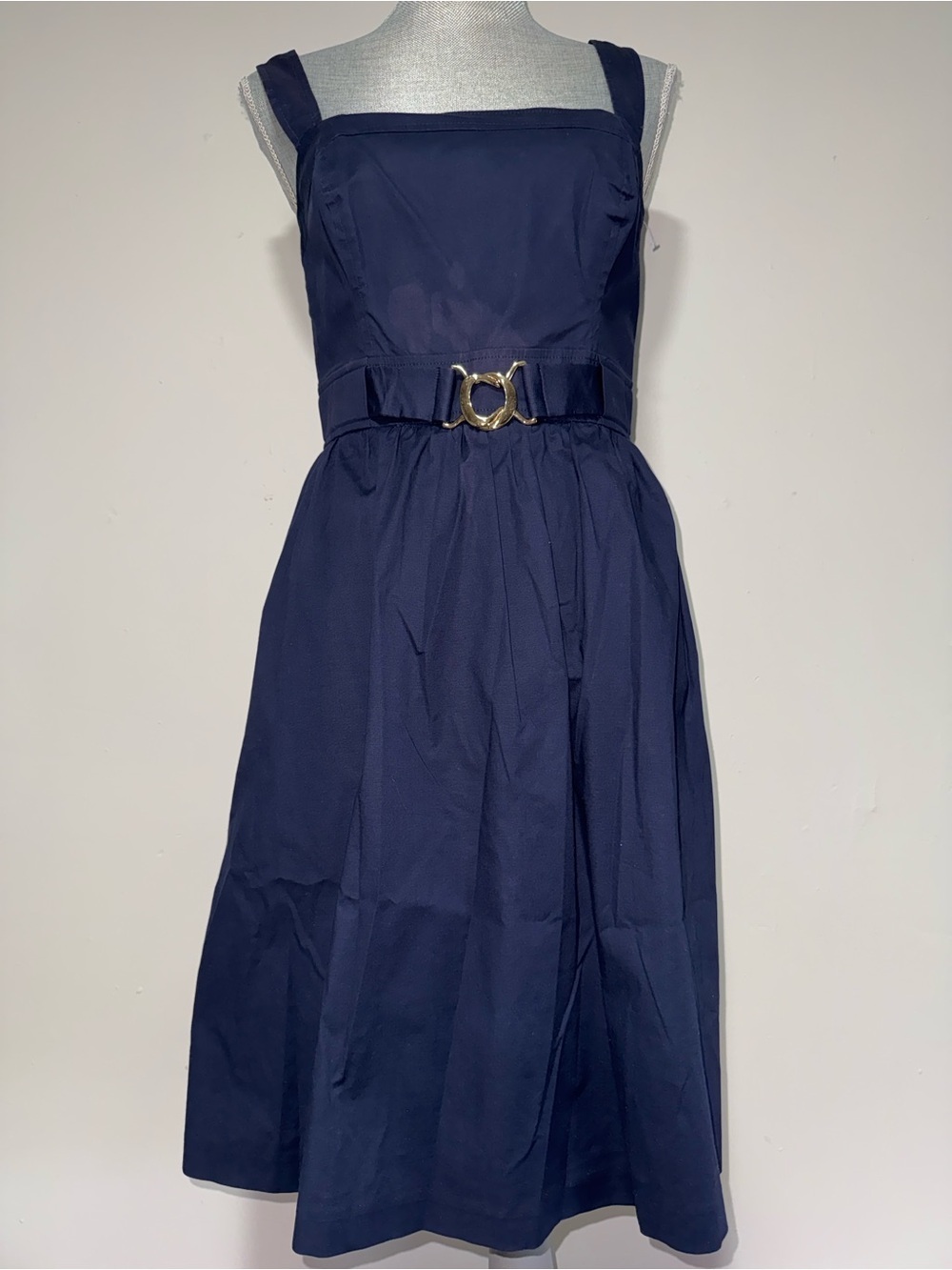 Shoshanna Navy Square-Neck Midi Dress with Gold Buckle